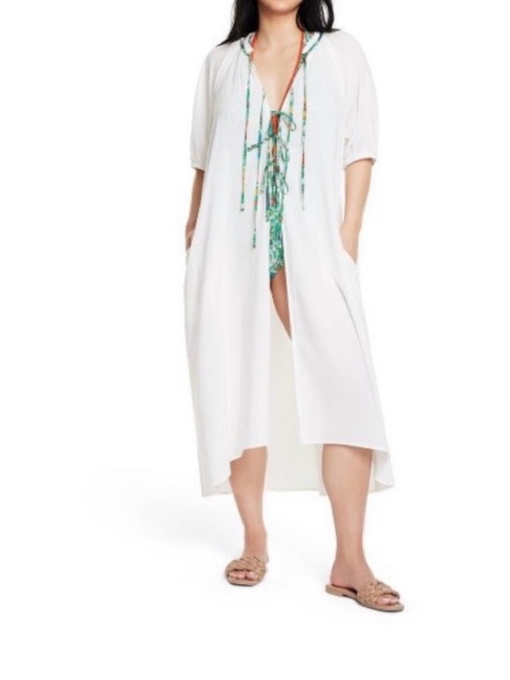 RHODE White Maxi Swim Coverup with Green Trim and Tie Front size XXL